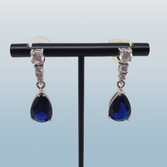 Blue Simulated Sapphire Pear Cut Drop Earrings - Picture 1 of 6
